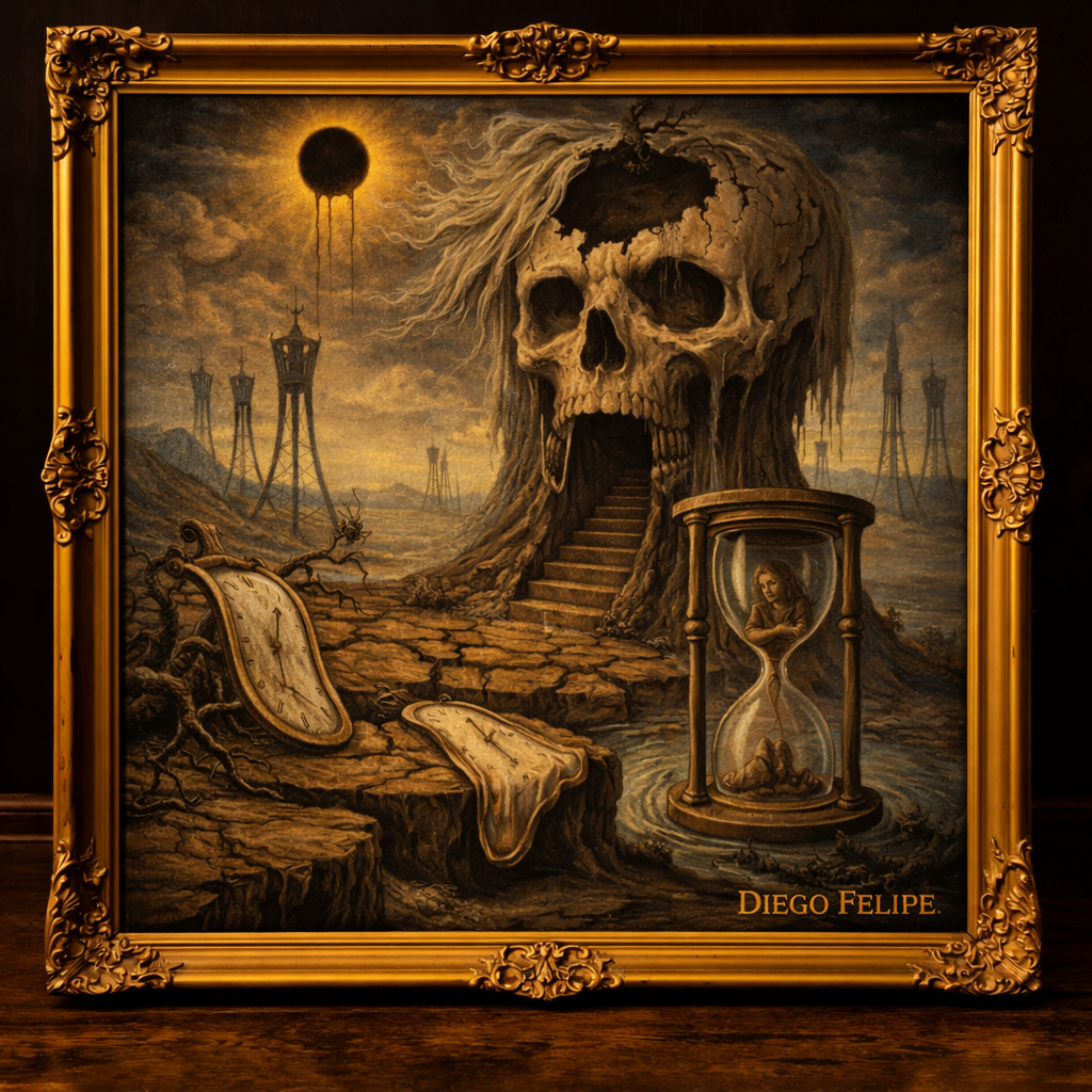 Surreal landscape with skull tower
